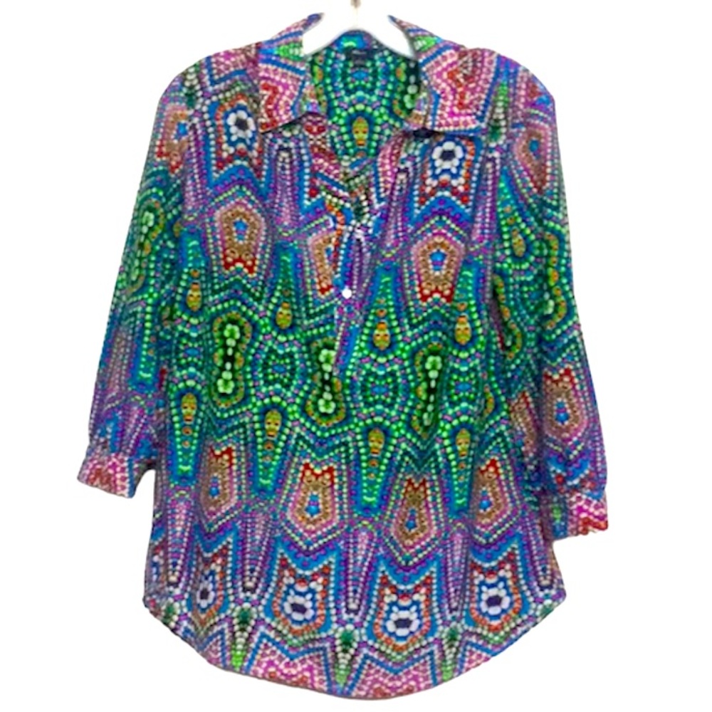 🌞 Milano Colorful blue green mod buttonup collar roll tab sleeve blouse women L